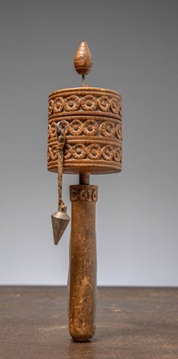 Lot 258 - (R) A WOOD CARVED HAND-HELD PRAYER WHEEL, TIBET OR NEPAL, 1950'S