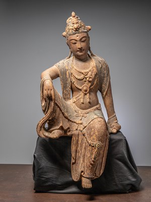 Lot 14 - (R) A LARGE CHINESE WOOD CARVED FIGURE OF GUANYIN QING DYNASTY