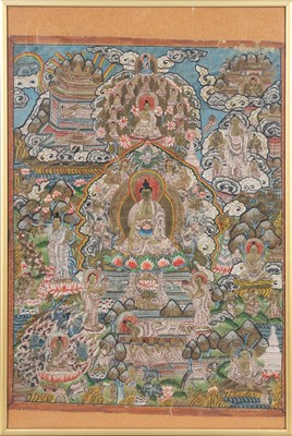 Lot 222 - (R) A 20TH CENTURY THANGKA DEPICTING SCENES OF BUDDHAS LIFE, NEPAL OR TIBET