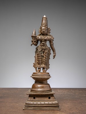 Lot 314 - A STANDING BRONZE OF PARVATI, SOUTH INDIA, 16 CENTURY