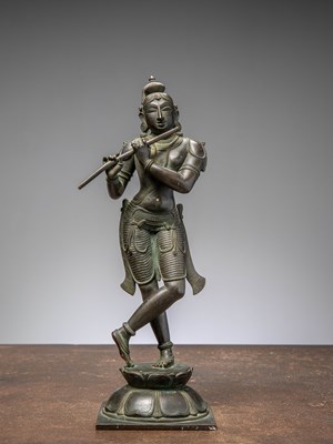 Lot 346 - A LARGE STANDING BRONZE OF KRISHNA PLAYIING THE FLUTE, INDIA, 18TH CENTURY