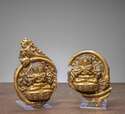 Lot 223 - TWO COPPER REPOUSSE FIREGILT STATUES OF GUHYASAMVARAS, TIBET 15TH CENTURY, POSSIBLY DENSATIL