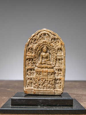 Lot 274 - A DELICATE STONE CARVED SHRINE OF BUDDHA SURROUNDED BY ARHATS, TIBET, 17TH CENTURY