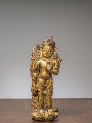 Lot 227 - A STANDING PADMAPANI, COPPER REPOUSSE FIREGILT, TIBET, 17TH CENTURY