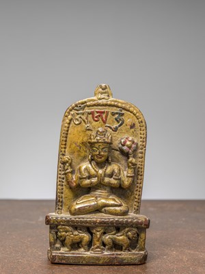 Lot 265 - A POLYCHROMED TIBETAN WOOD CARVING DEPICTING SHADAKSARI LOKESHVARA, 18TH CENTURY
