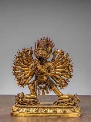 Lot 141 - A LARGE FIRE-GILT BRONZE FIGURE OF YAMANTAKA, CHINA, YONGZHENG PERIOD