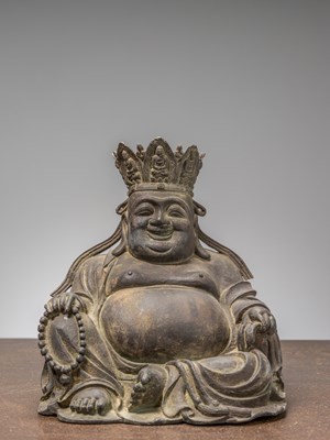 Lot 114 - A SEATED BRONZE FIGURE OF BUDAI (LAUGHING BUDDHA), CHINA, 18TH CENTURY