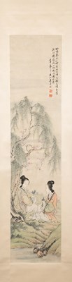 Lot 186 - A PAINTING WITH ELEGANT LADIES GATHERED BENEATH WILLOW AND BLOSSOM - WU YOU RU (CIRCA 1840-1893), CHINA