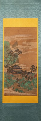 Lot 199 - A TEMPLE COMPLEX NESTLED AMONG VERDANT MOUNTAINS - QIU YING (CIRCA 1498-1552); CHINA