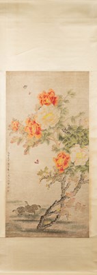 Lot 193 - A CHINESE FLOWER AND BIRD HANGING SCROLL WITH PEONIES AND QUAILS