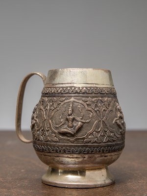 Lot 325 - A SILVER CAST VESSEL DEPICTING HINDU GODESS, INDIA, 18TH CENTURY