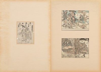 Lot 458 - (R) TWO PAGES WITH JAPANESE WOODBLOCK PRINTS AND DRAWING, EDO PERIOD