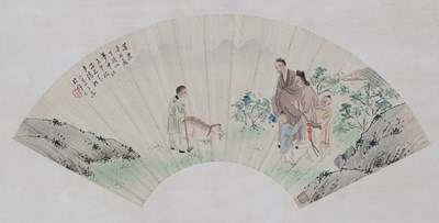 Lot 178 - CHINESE FAN PAINTING DEPICTING A FAMILY AND A FARMER