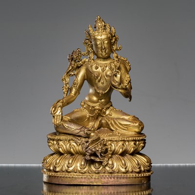 Lot 92 - A BRONZE GOLD COLOURED FIGURE OF GREEN TARA MING DYNASTY STYLE (1368-1644)