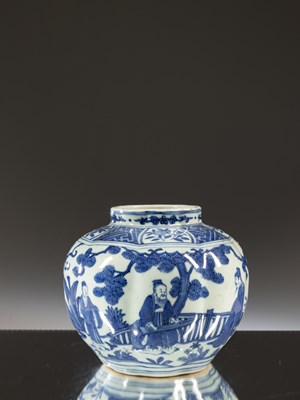 Lot 19 - BLUE AND WHITE FIGURAL JAR